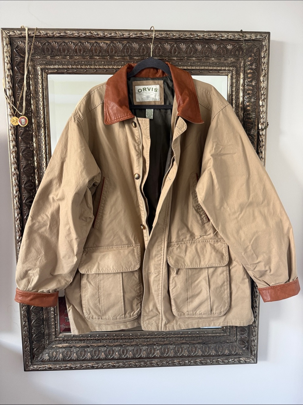 Orvis Tan Canvas Field Jacket with Brown Leather Collar
